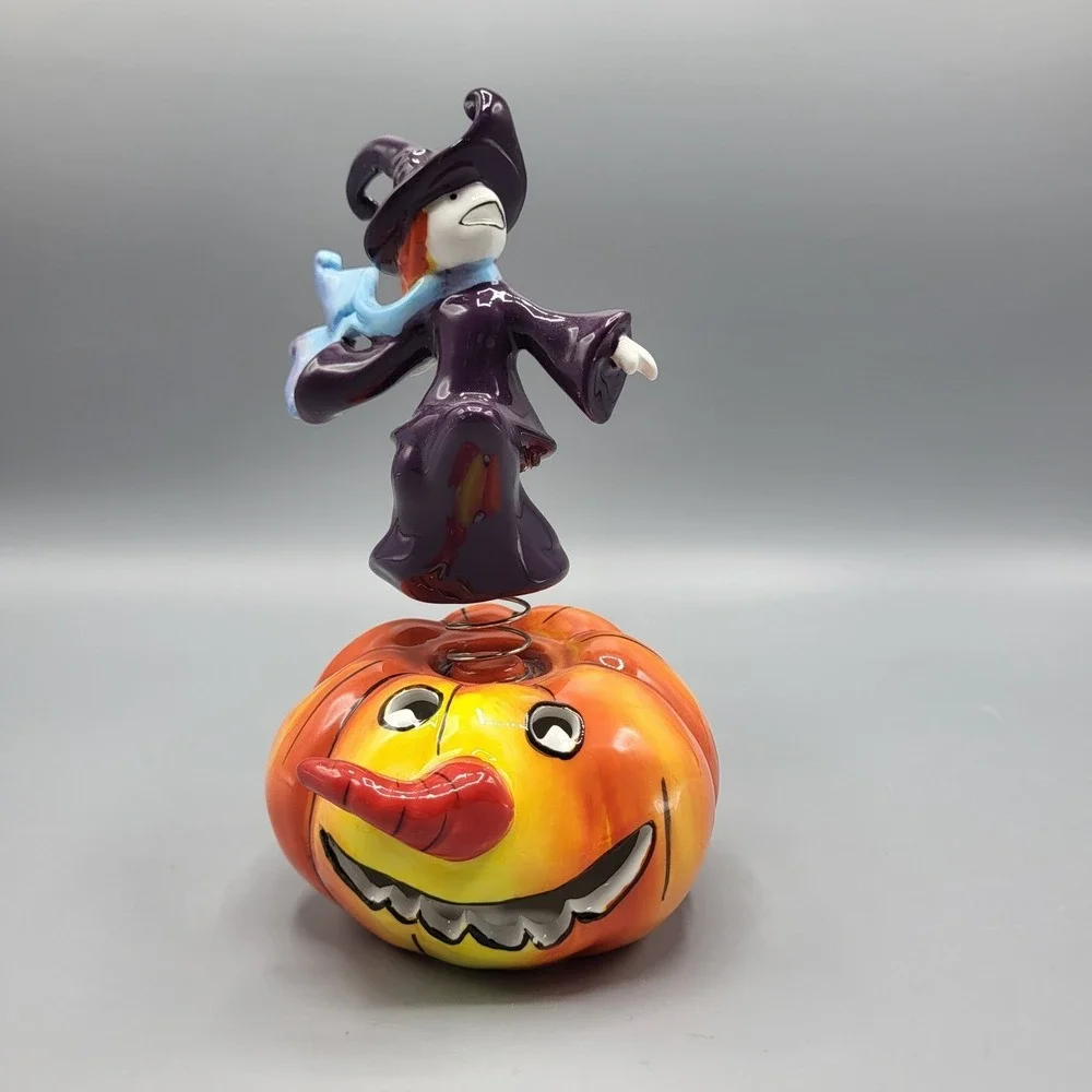 Apple's Halloween Witch on Pumpkin Bobble Figurine Decor 7.5in Purple Orange
